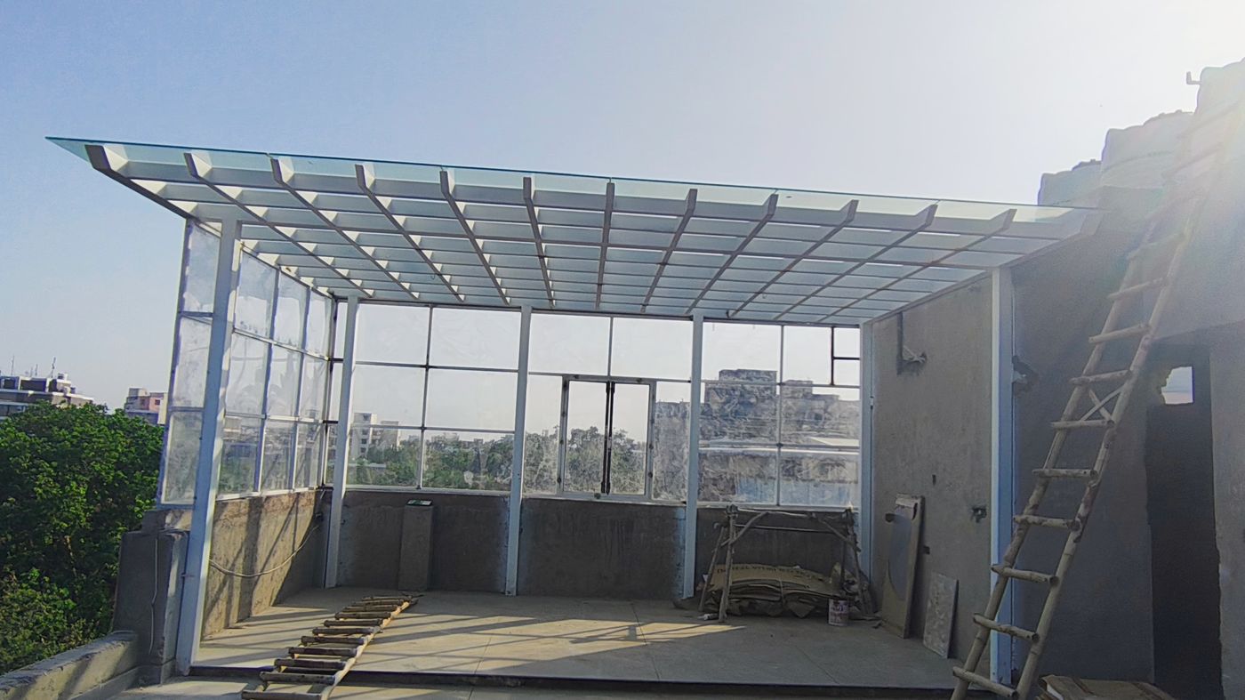 White Frame Pergola — Toughened Glass Roof
