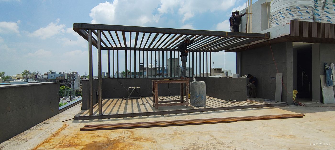 MS pergola structure on rooftop under fabrication